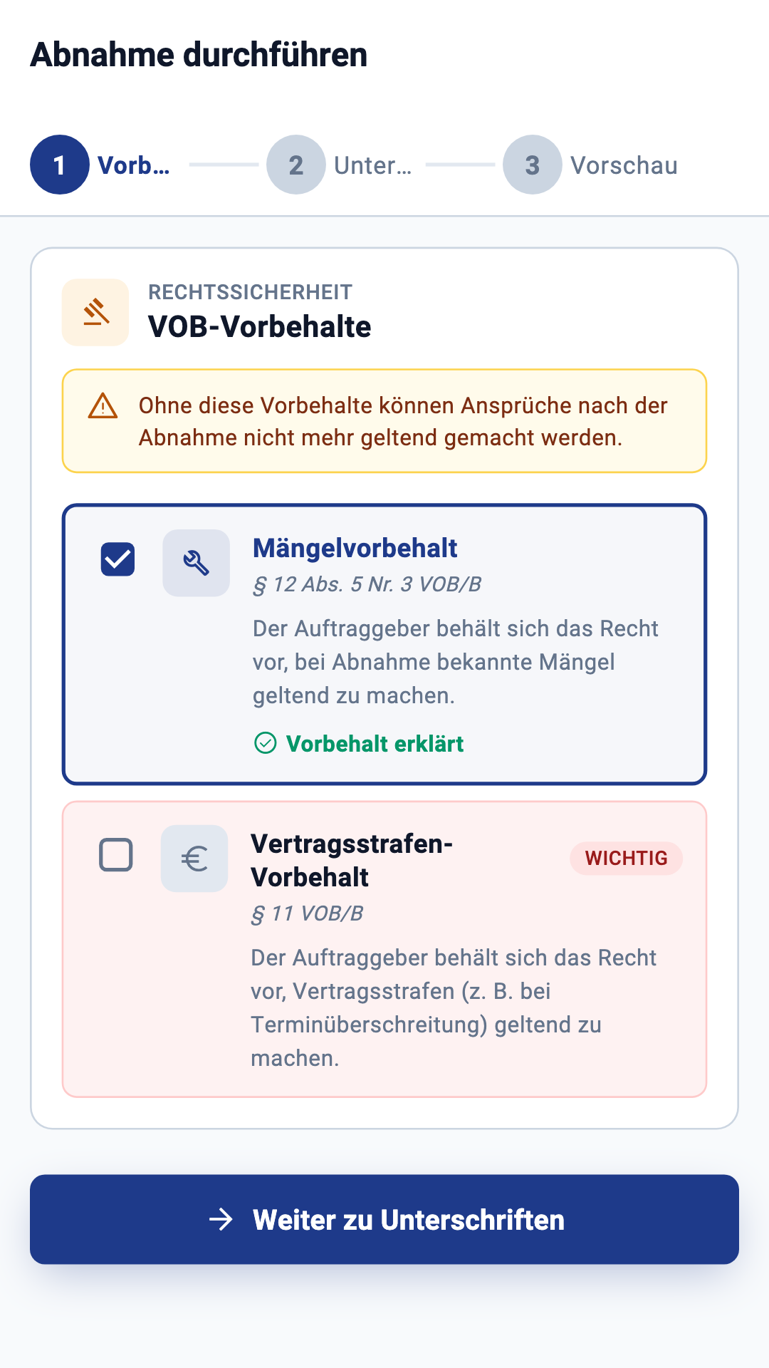 AbnahmePilot App – Abnahme-Assistent mit Mängelvorbehalt und Vertragsstrafenvorbehalt