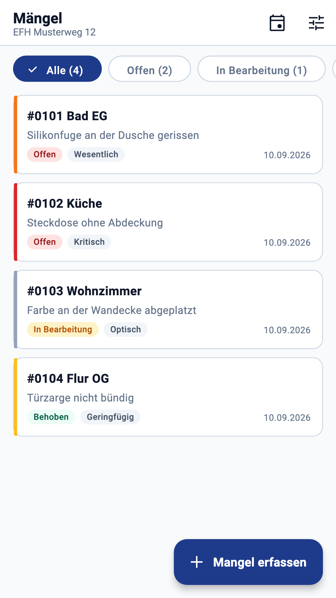 AbnahmePilot App – Mängelliste mit Status, Kritikalität und Erfassungsdatum