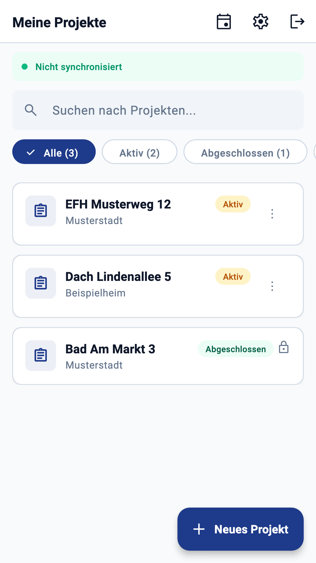 AbnahmePilot App – Projektliste „Meine Projekte“ mit Status-Filtern